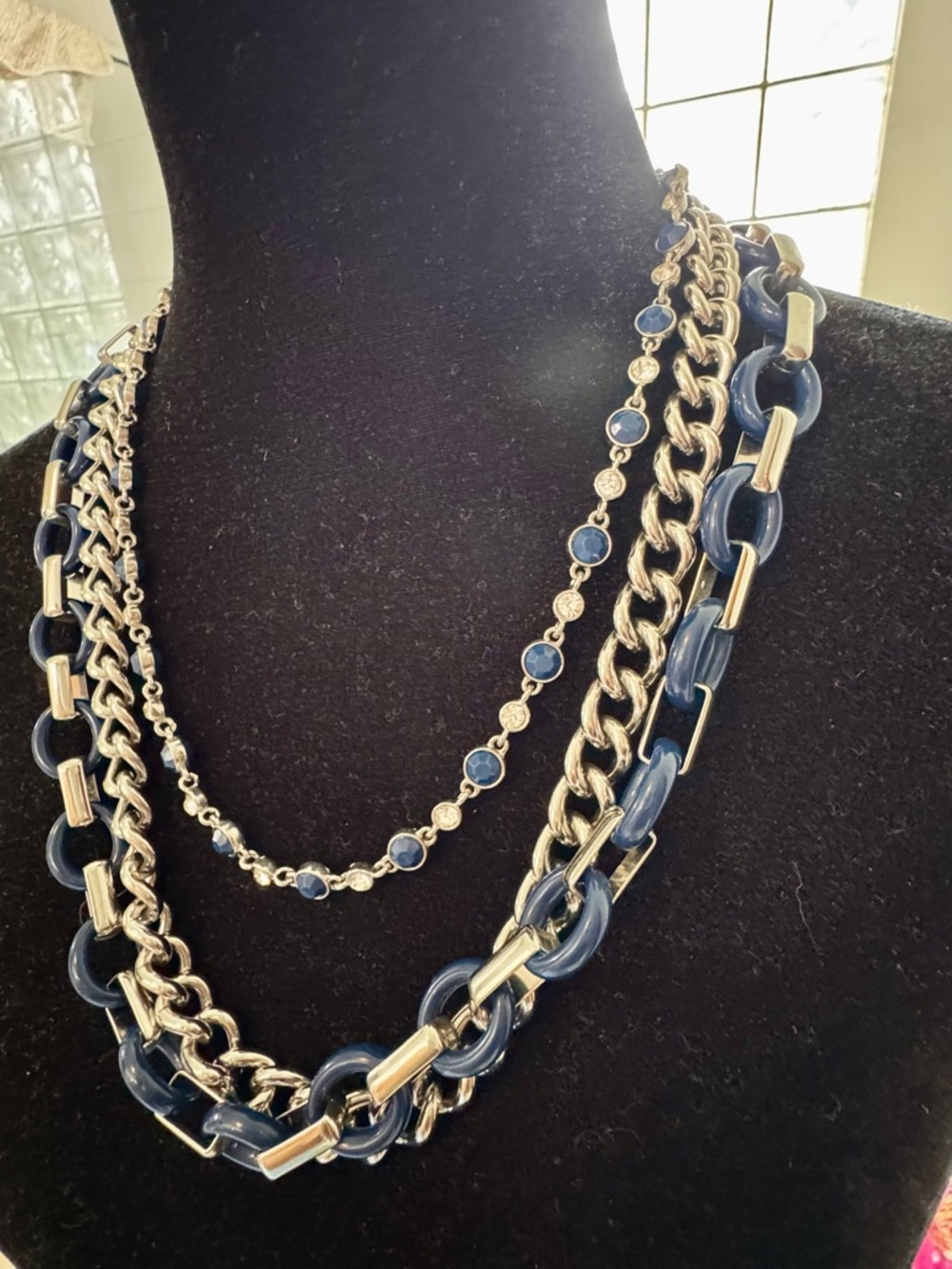 Lia Sophia Navy and Silver Layered Statement Necklace